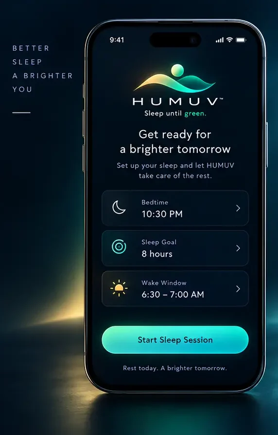 The HUMUV bedtime screen, where a sleep goal and wake window are set before a session