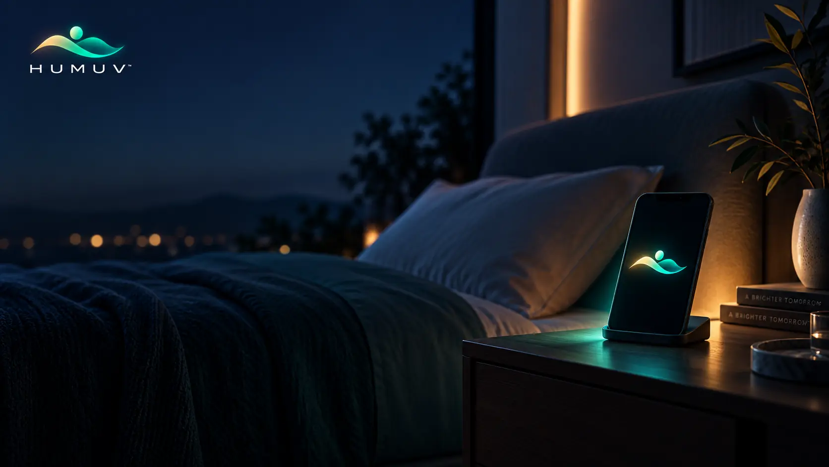 A quiet bedroom at night with HUMUV glowing softly beside the bed