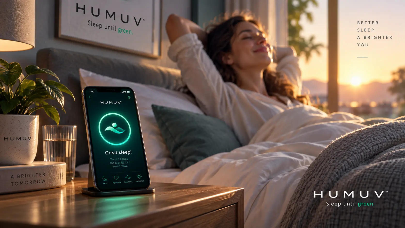 A rested woman waking in morning light beside a phone showing green